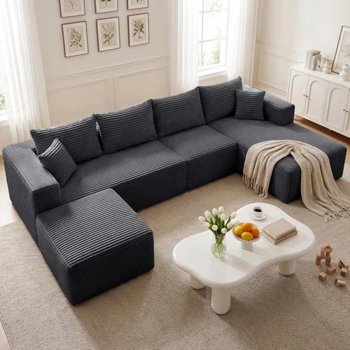 Vista 50 de Sofá modular en forma de L de 118 pulgadas, moderno sofá modular de pana de espuma viscoelástica de 4 plazas con otomana, asiento profundo tapizado