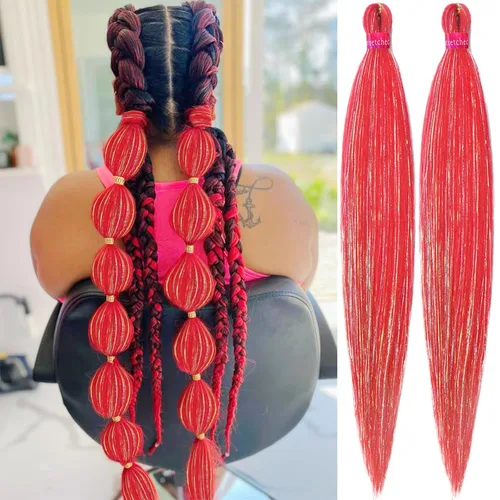 Vista 55 de Cabello trenzado verde con lentejuelas de 26 pulgadas, preestirado, trenzas de textura Yaki, extensiones de cabello pre plumadas, 3 paquetes, fácil