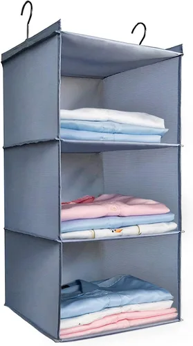 Vista 16 de Organizador colgante para armario y almacenamiento con 3 estantes, estantes colgantes plegables de montaje fácil para guardar ropa, bolsos, zapatos