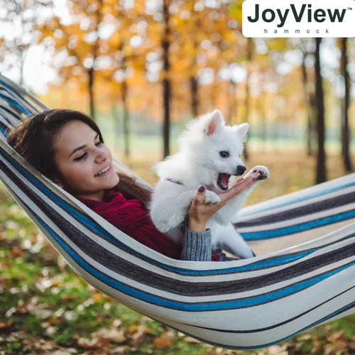 Vista 7 de JoyView Hamaca doble brasileña con cuerdas colgantes, extragrande de 86.6x59" hamaca portátil de algodón para patio, jardín, porche, capacidad
