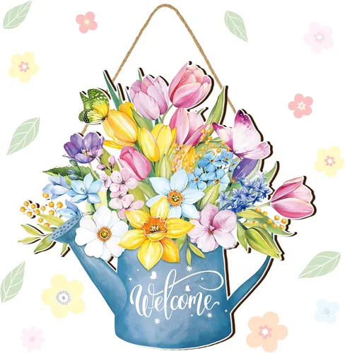 Vista 18 de Juexica Coronas de Pascua para puerta delantera, letrero de madera de bienvenida, colgador de puerta, decoración de primavera, placa colgante