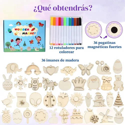 Vista 2 de Imán de madera DIY 36 suministros de manualidades kit de pintura para niños
