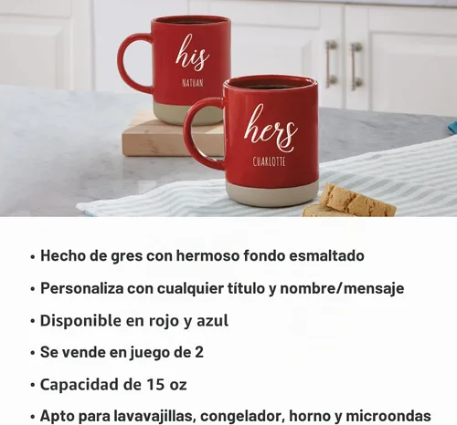 Vista 3 de Let's Make Memories Juego de 2 tazas de gres personalizadas, para el día de San Valentín, para parejas, para bodas, aniversarios, color azul, diseño