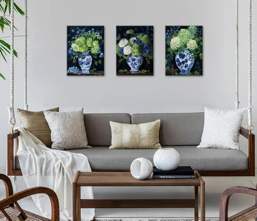 Vista 2 de DJSYLIFE Chinoiserie - Arte de pared – Jarrón de porcelana oriental azul y blanco con acuarela, impresiones florales de hortensias para decoración