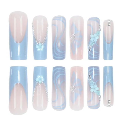 Vista 81 de Uñas postizas francesas a presión, uñas postizas largas de acrílico con forma de ataúd de cobertura completa, uñas postizas de bailarina