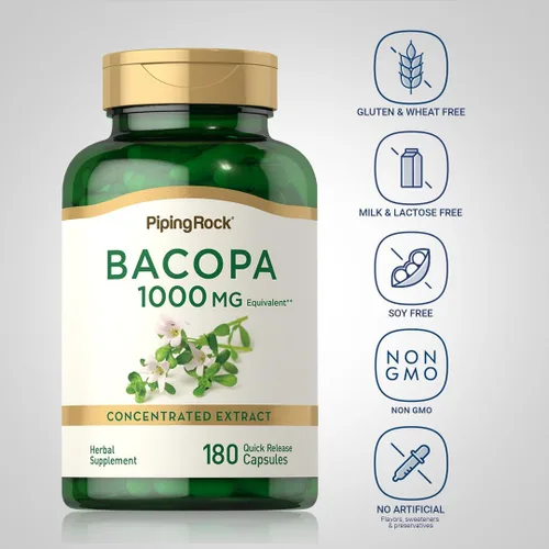 Vista 3 de Piping Rock Suplemento Bacopa Monnieri 180 cápsulas Extracto de hierbas Sin OMG y sin gluten