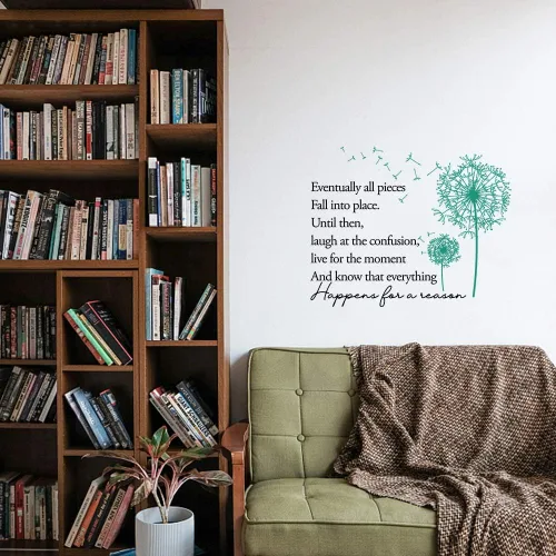 Vista 4 de Vinilo decorativo con citas inspiradoras para la familia, todas las piezas caen en su lugar, vive el momento y sabe que todo sucede por una razón
