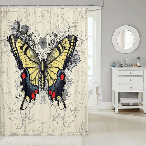 Vista 2 de Butterfly Shower Curtain Bohemian Bathroom Shower Curtain Set for Kids Adult Sun Moon Bath Curtain Yellow Butterfly Waterproof Curtains Room Decor