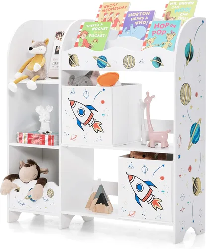 Vista 11 de HONEY JOY Organizador de almacenamiento de juguetes para niños, unidad de almacenamiento de madera con 2 cajas, estantería de exhibición para niños