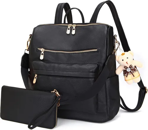 Vista 11 de Soperwillton Bolso de mochila para mujer. Bolsos de mano con diseño multiusos. Bolsa de hombro de cuero sintético. Bolsa de viaje. Juego de 2