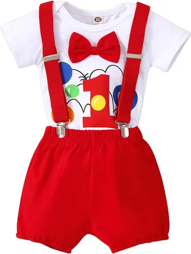 Vista 2 de IDOPIP Traje formal para bebé niño para el primer cumpleaños de Cake Smash con corbatín y tirantes y pantalones cortos para sesión de fotos