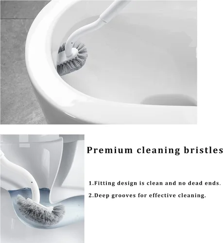 Vista 4 de Escobilla de inodoro y soporte con juego de tapa, diseño curvado en ángulo, cerdas duraderas para limpieza de baño