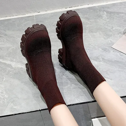 Vista 5 de Botas al tobillo con suela de lengüeta para mujer, tacón bajo, botas Chelsea elásticas, botines cortos