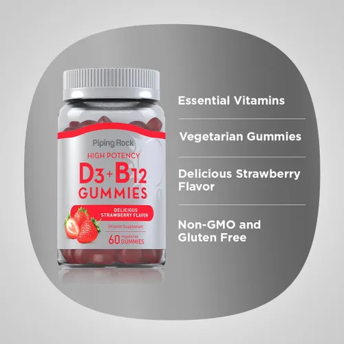 Vista 4 de Piping Rock Gomitas de vitamina D3 y B12 60 unidades Suplemento para mujeres y hombres Alta potencia Sabor a fresa Vegetariano, sin OMG