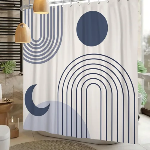 Vista 7 de Cortina de ducha moderna y bohemia, cortinas de ducha minimalistas estéticas azules de mediados de siglo para baño, cortinas de baño impermeables
