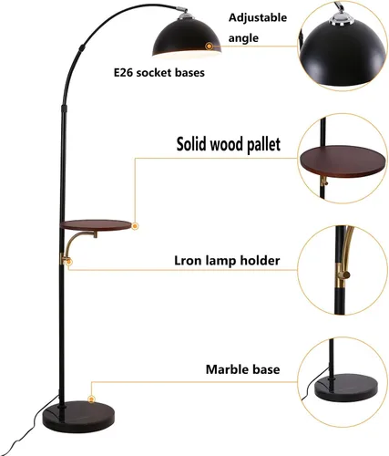 Vista 5 de Lámpara de pie industrial con mesa de madera, moderna lámpara de pie de arco negro para sala de estar, lámpara de poste de pie con base de mármol