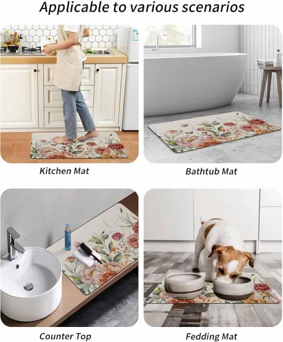 Vista 9 de Tapete de baño con flores retro para bañera, antideslizante, de secado rápido y absorbente, tierra de diatomeas, fregadero de cocina, ducha