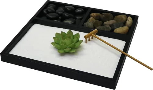 Vista 6 de Kit de jardín zen mini de Nature's Mark para escritorio con rastrillo, arena blanca, figura de loto, base cuadrada negra de 3 secciones, rocas