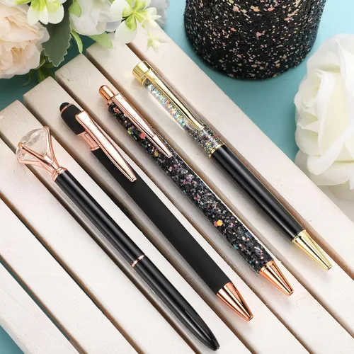 Vista 7 de Sabary 8 bolígrafos negros con soporte para bolígrafo para escritorio, con purpurina, diamantes de cristal, bonito soporte para lápices, organizador