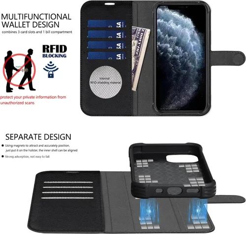 Vista 4 de Funda de cuero compatible con iPhone 16 Pro Max Cartera 6.9", cuero genuino 2 en 1, magnética, desmontable, a prueba de golpes, funda tipo folio