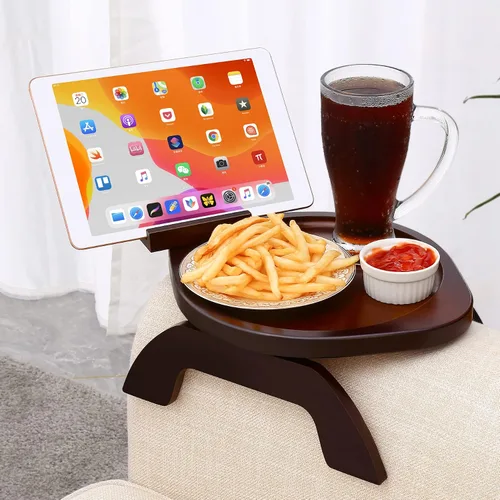 Vista 9 de SINWANT Mesa de brazo para sofá, bandeja redonda de bambú con clip para sofá con soporte para teléfono de 360°, mesa plegable para reposabrazos