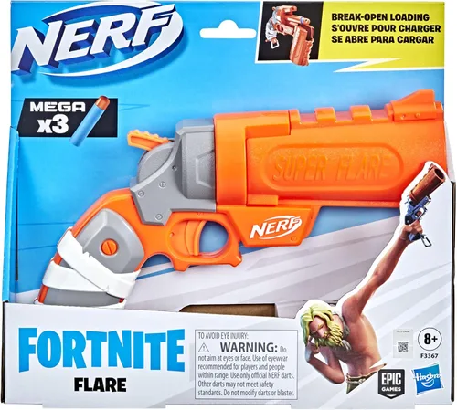 Vista 4 de Nerf Fortnite Flare Dart Blaster, carga de dardos abiertos, incluye 3 mega dardos que silban a través del aire, mango de cebado desplegable