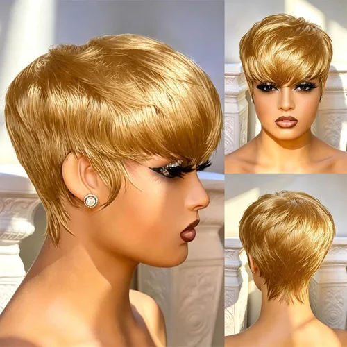 Vista 11 de YJOQOKOA Peluca corta de cabello humano estilo Bob para mujeres negras, pelucas de cabello humano con corte Pixie, sin pegamento, sin encaje X312 1B#