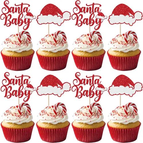 Vista 10 de Paquete de 24 Adornos Navideños Oh Baby para Cupcakes con Sombrero de Navidad con Purpurina, Palillos de Comida para Baby Shower para Niños y Niñas