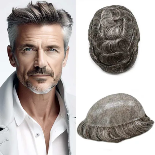 Vista 7 de Toupee para hombres Sistema de reemplazo de cabello humano real para hombres Completo PU Mens Hairpiece de aspecto natural para hombre piezas