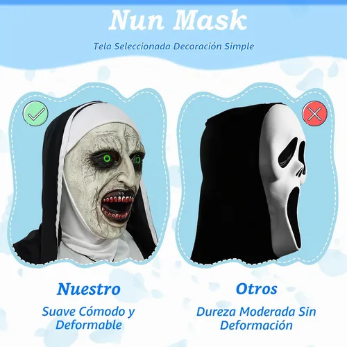 Vista 6 de Máscara de terror de monja 2024, máscara de disfraz de cabeza completa con collar de cruz para fiesta de Halloween