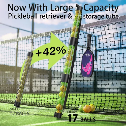 Vista 2 de Recuperador de bolas de pickleball de 17 bolas y soporte de bolas con correa, protector de espalda para accesorios de pickleball, rápido