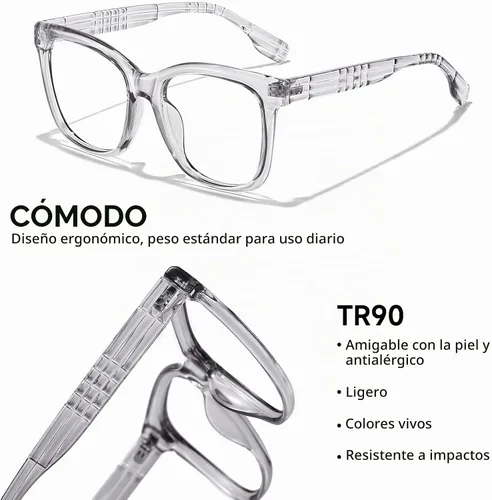 Vista 4 de Oversized Square Blue Light Blocking Glasses for Women and Men - Gaming & Computer Anti-Fatigue Gris (Transparent Gray)