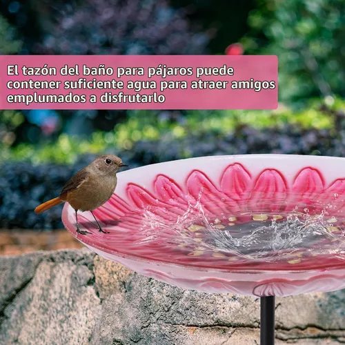 Vista 2 de MUMTOP - Bañera de cristal para pájaros, comedero para pájaros de jardín al aire libre con estaca de metal, flor
