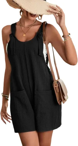 Vista 3 de Awoscut Overol corto para mujer, ajustable, con correa de nudo, casual, para verano, sin mangas, con bolsillos