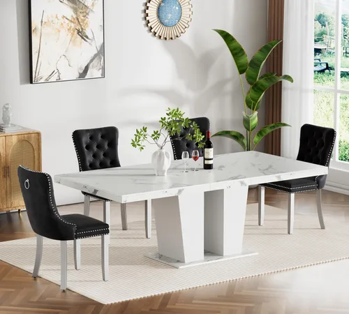 Vista 37 de Juego de mesa de comedor extensible de 5 piezas con 4 sillas de tela, mesa extensible marrón con base negra, juego moderno de comedor de madera