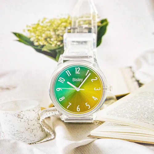 Vista 8 de Reloj transparente para mujer, colorido esfera de arco iris, reloj analógico, simple e impermeable para niñas