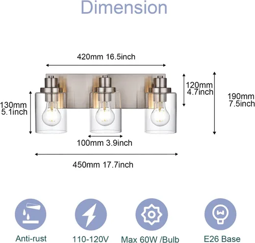 Vista 7 de Lámpara de tocador de baño de 3 luces de níquel cepillado, accesorios de iluminación sobre espejo con pantalla de vidrio transparente, modernos