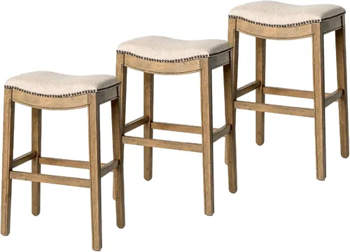 Vista 33 de Maven Lane Adrien Taburete de bar sin espalda, juego de 2, asiento de silla de montar de 31 pulgadas con reposapiés, marco de madera maciza marrón