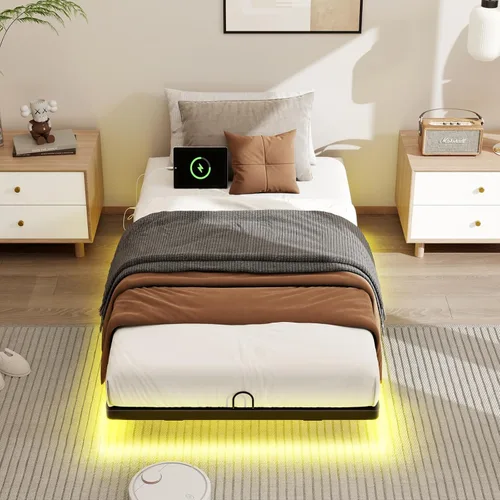 Vista 8 de Base de cama de metal flotante de tamaño individual con luces LED inteligentes y estación de carga, base de cama de plataforma de metal, no necesita