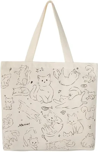 Vista 6 de Bonita bolsa de mano para mujer con cremallera, divertido bolso con gatos, perros, bolso grande de lona para el hombro