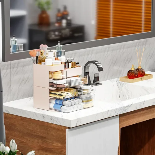 Vista 5 de SuoXing Organizador de maquillaje para tocador, organizador de maquillaje grande con 6 cajones para mostrador, organizador de almacenamiento de Rosa
