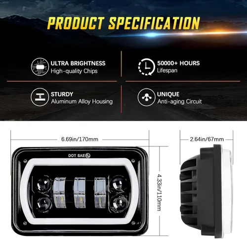 Vista 6 de Faros delanteros LED de 4x6 pulgadas homologados por DOT H4651 H4652 H4656 Reemplazo Compatible con Peterbilt 379, Kenworth, Freightinger, Probe