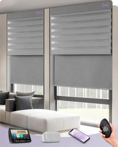 Vista 19 de Graywind Persianas dobles motorizadas para ventanas, persianas dobles inteligentes opacas y filtrantes de luz, persianas motorizadas con control