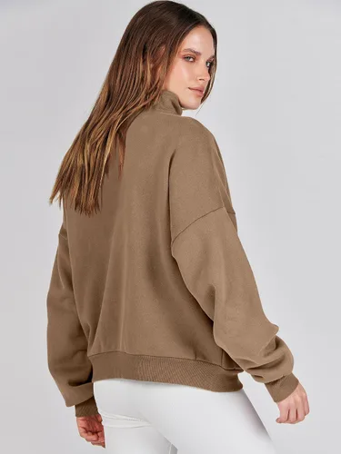 Vista 5 de ANRABESS Sudaderas de manga larga para mujer, forro polar de gran tamaño, media cremallera, sudaderas con capucha para adolescentes y niñas, suéter