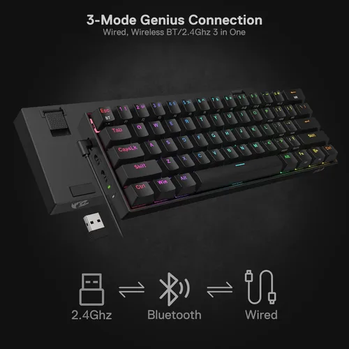 Vista 2 de Redragon K530 Pro Draconic - Teclado mecánico RGB 60% inalámbrico, Bluetooth2.4Ghzcable 3 modos 61 teclas teclado compacto para juegos con enchufe