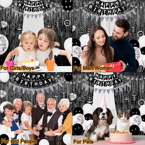 Vista 5 de Decoraciones de globos de cumpleaños negros y plateados para hombres y mujeres, decoraciones de feliz cumpleaños para niños y niñas, mantel