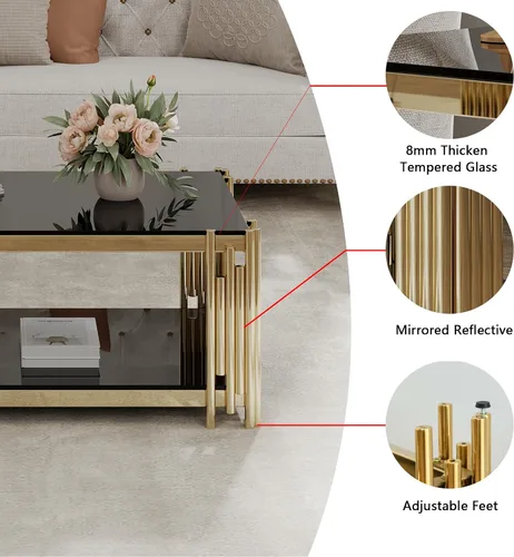 Vista 6 de Mesa auxiliar rectangular de vidrio de 48 pulgadas, mesa de centro de 2 niveles con parte superior de vidrio templado negro, patas de acero