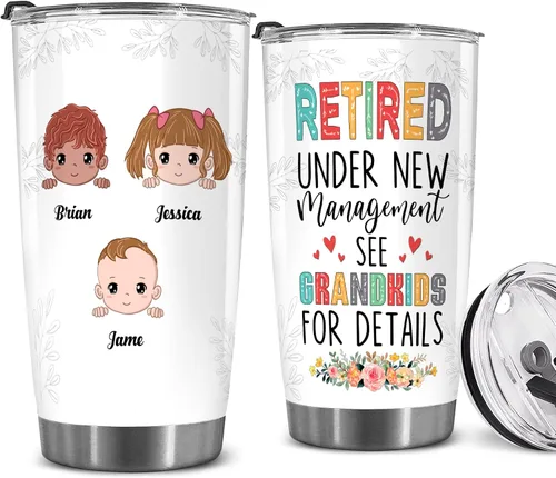 Vista 26 de WHIDOBE Vaso de jubilado personalizado (1 niño) personalizado jubilado bajo nueva administración, mira a los nietos para obtener detalles, vaso