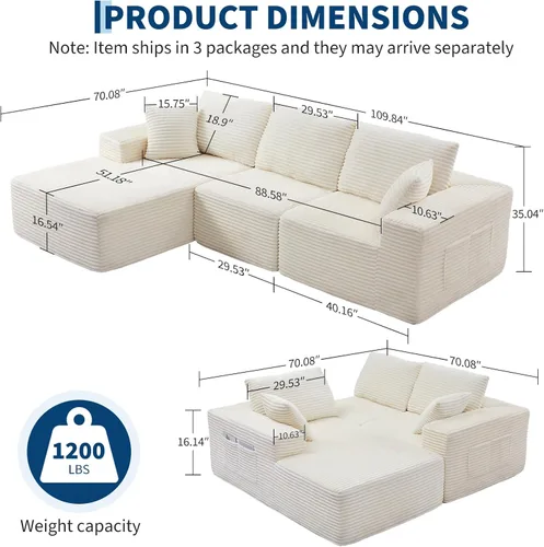 Vista 2 de Sofá modular de pana de 3 plazas sin hueso de 110 pulgadas para sala de estar, sofá modular de pana de 3 plazas con diván, sofás sin hueso de gran