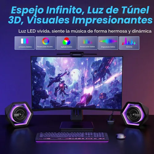 Vista 6 de Altavoces para juegos de computadora, altavoces de escritorio activos de 50 W con espejo infinito túnel 3D RGB (8 modos), Bluetooth 5.3, entrada